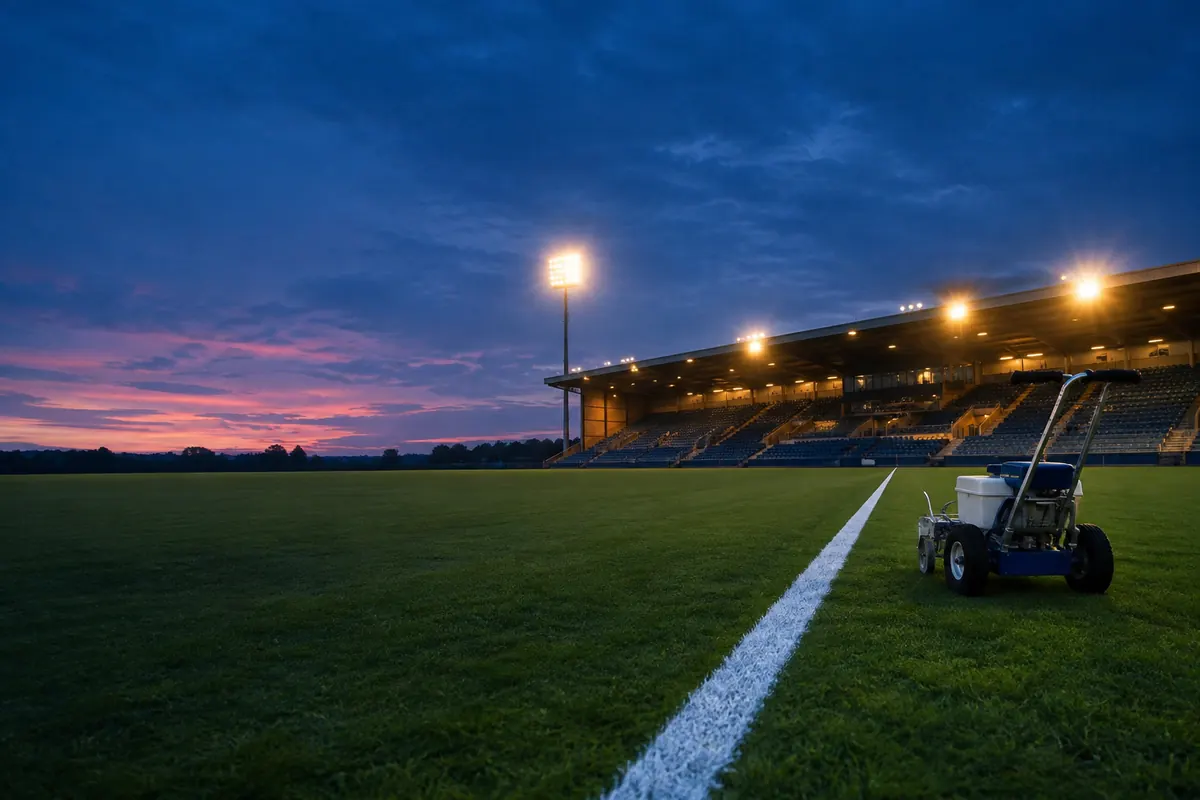 A freshly painted white line running across an empty pitch at blue hour toward a floodlit stand
