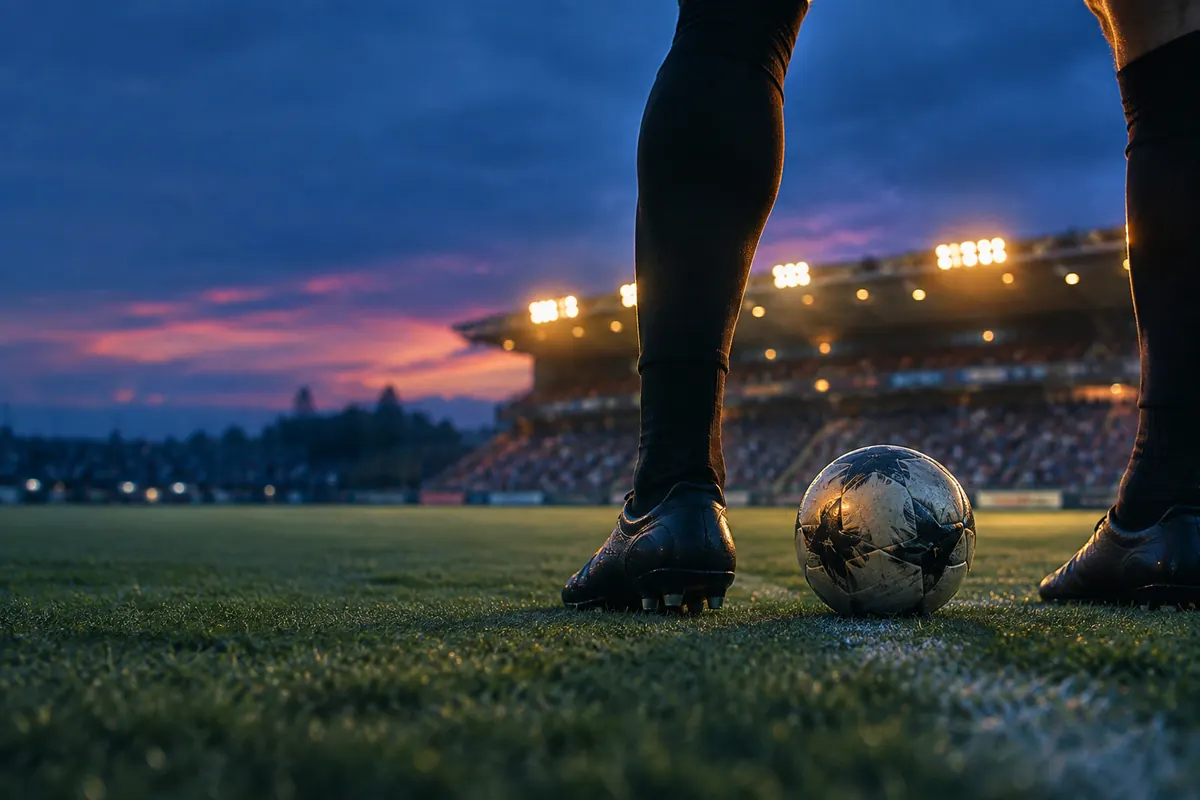 The boots of two players at ground level either side of a ball on the centre spot at kick-off, floodlit stands blurred behind