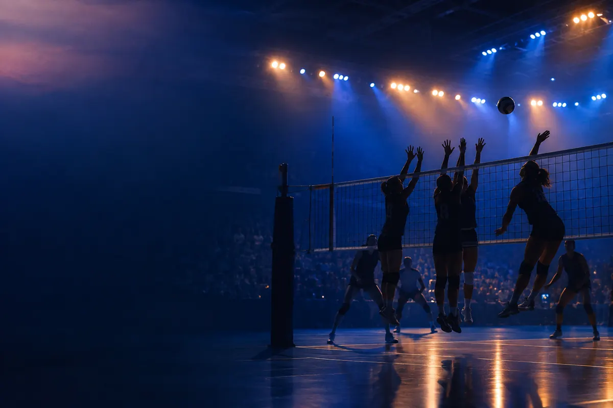 Silhouettes of volleyball players rising to block at the net in an arena lit blue and amber