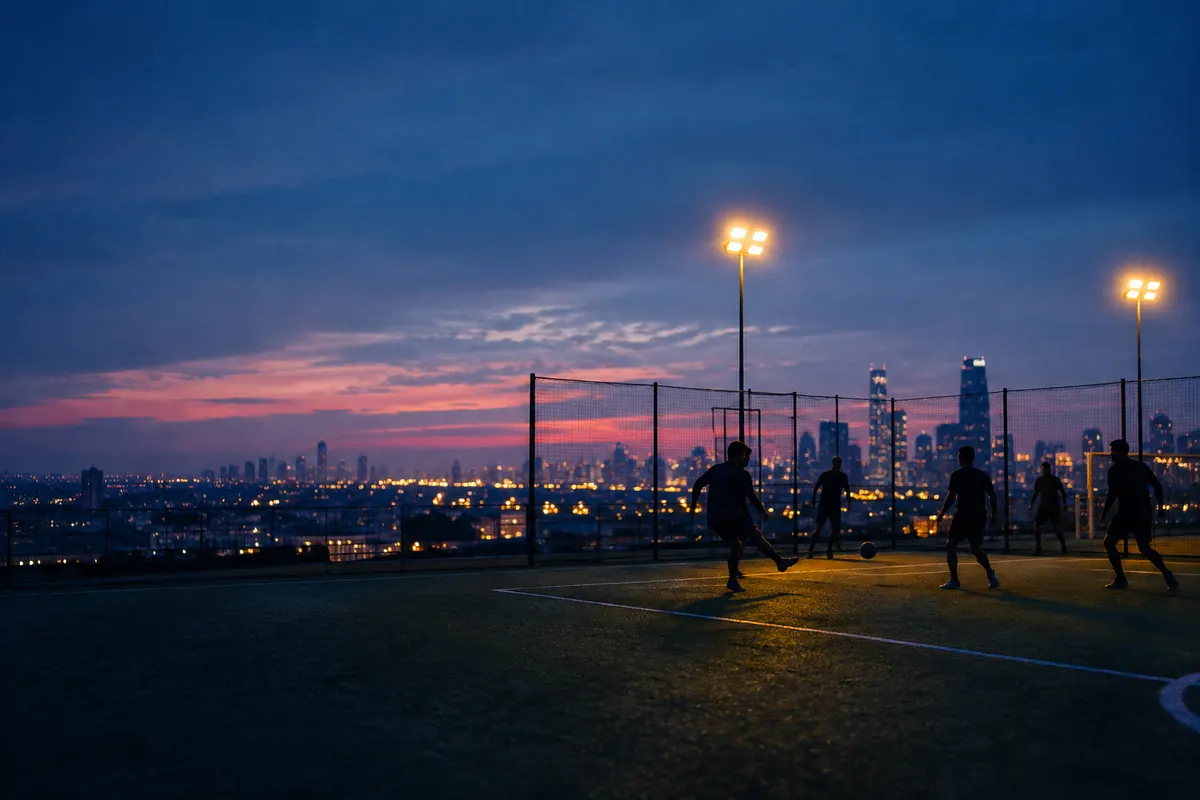 Adult players in silhouette on a caged rooftop pitch above a glowing city at blue hour, a ball mid-pass under floodlights