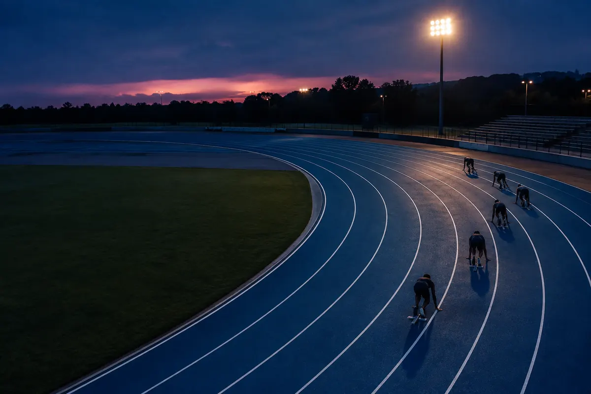 Aerial view of a night athletics track with runners in silhouette on staggered starting lines, white lane lines sharp under floodlights