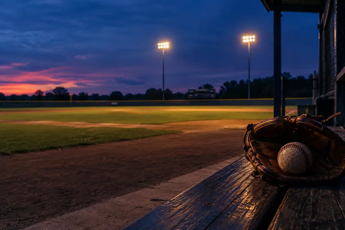 A worn baseball glove and a scuffed ball resting on a wooden dugout bench at dusk, the empty diamond glowing under floodlights beyond.