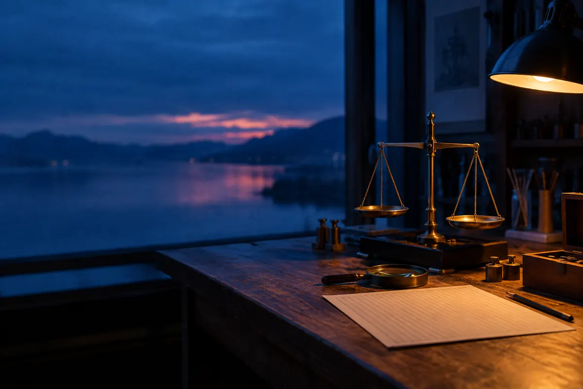 A brass balance and a magnifier on a workshop bench beside a blank sheet of graph paper, lit by a warm lamp at night
