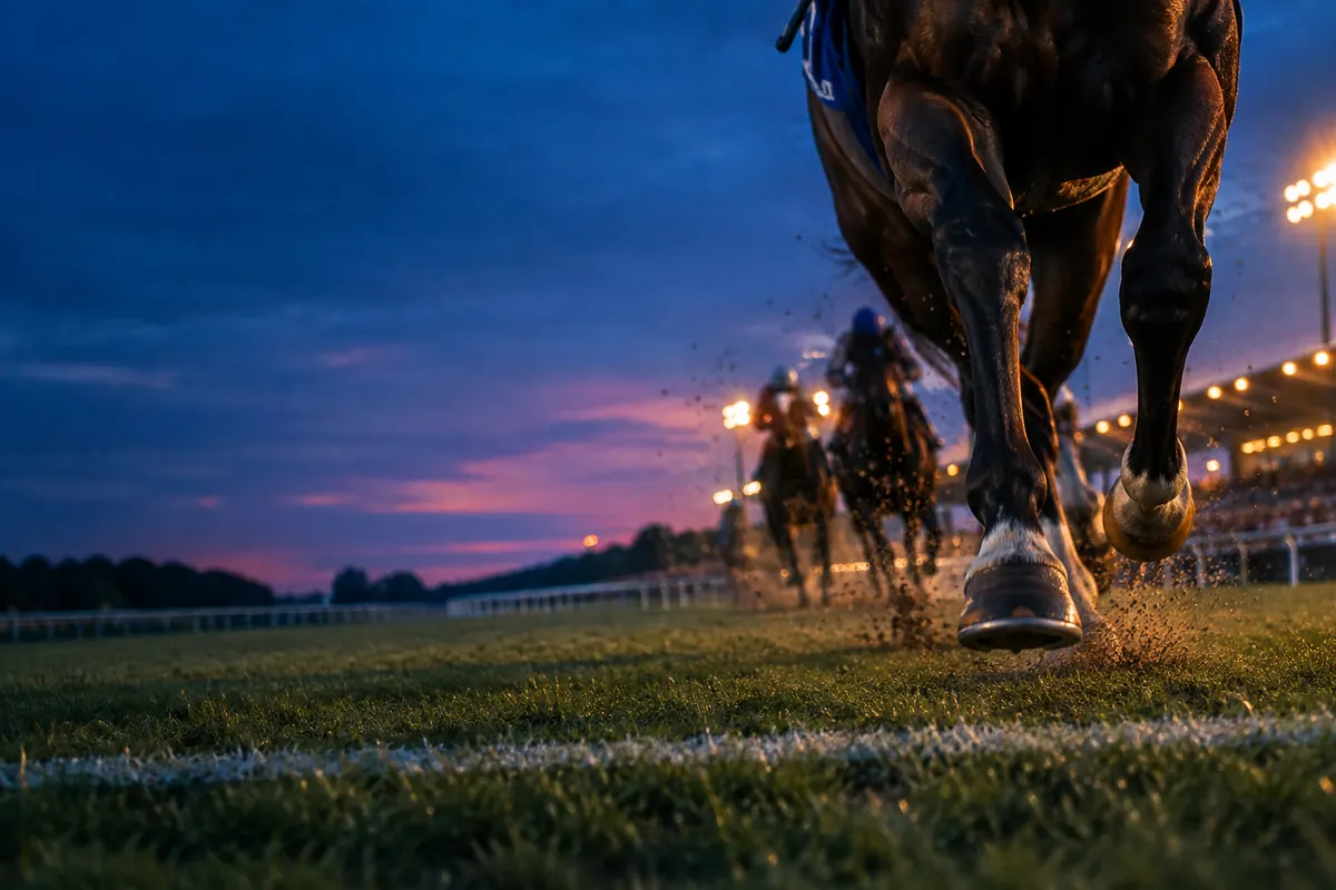 Close-up of racehorse hooves crossing a white finish line on turf at dusk, dirt kicked up in warm amber light under a deep blue sky.