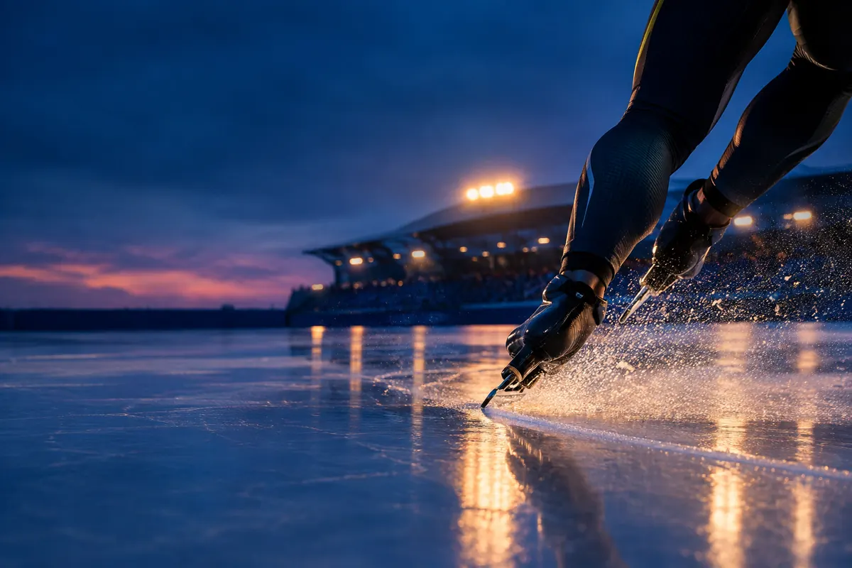 A speed skater's blade carving a clean line into fresh ice under cobalt arena light, with a spray of amber-lit ice flying off the blade.