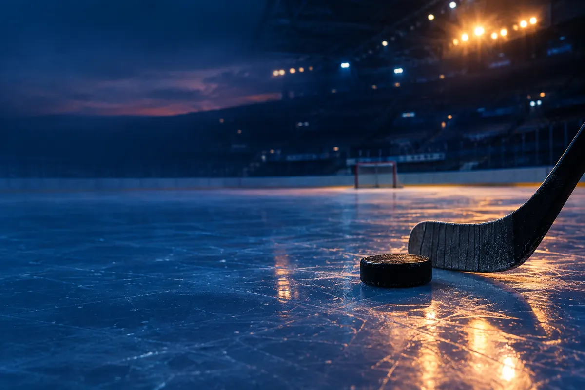 A hockey puck beside the edge of a stick blade on empty ice, amber light on scratches in the surface, the rink fading into deep blue