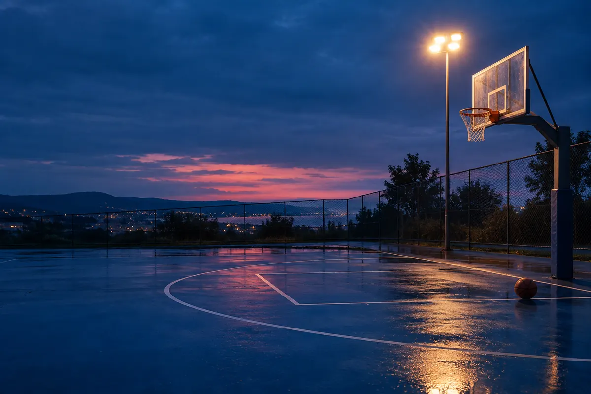 An empty outdoor basketball court at blue hour, hoop lit by warm floodlight, a ball near the baseline, court reflecting a faint rose light.