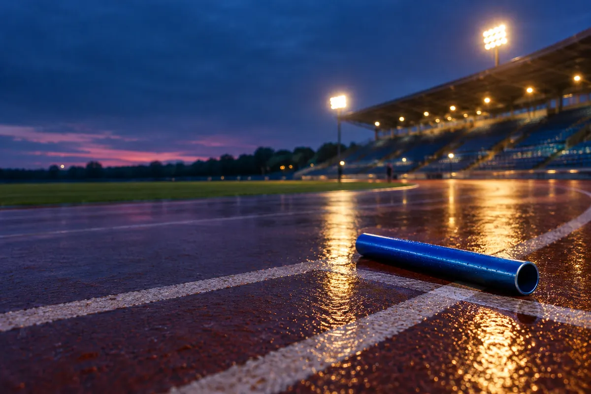 A blue relay baton lying on the wet lane lines of an athletics track at dusk, with floodlights and empty stands beyond