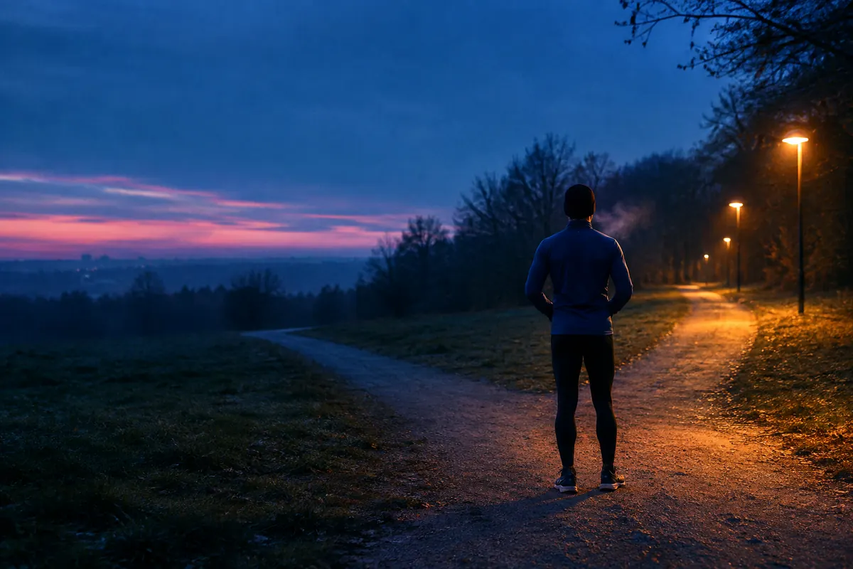 A lone runner seen from behind, paused where a park path forks in two, one branch lit warm by lamps, the other fading into blue dusk
