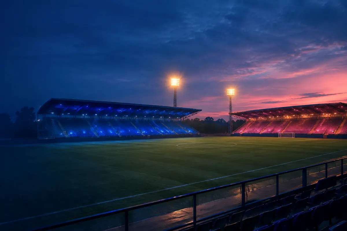 Two stands face each other across an empty pitch at blue hour, one lit cool blue, the other soft rose, with amber floodlights between them