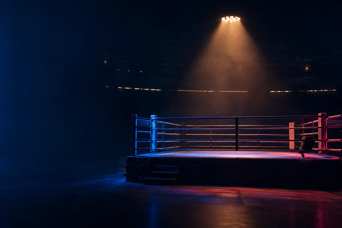 An empty boxing ring at night, one corner lit in cool blue and the opposite corner lit in soft rose, with a warm spotlight over the centre