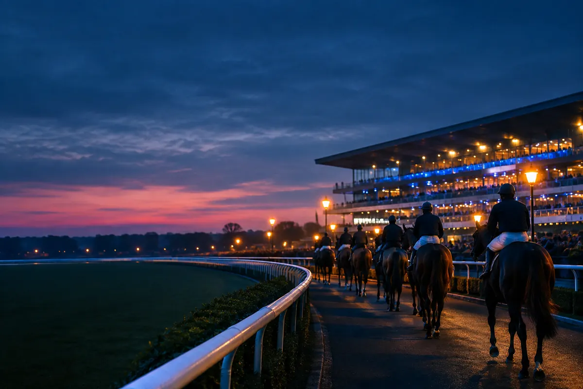 Racehorses and jockeys seen from behind beside a white rail at dusk, warm lamps along the path and the grandstand glowing blue and amber