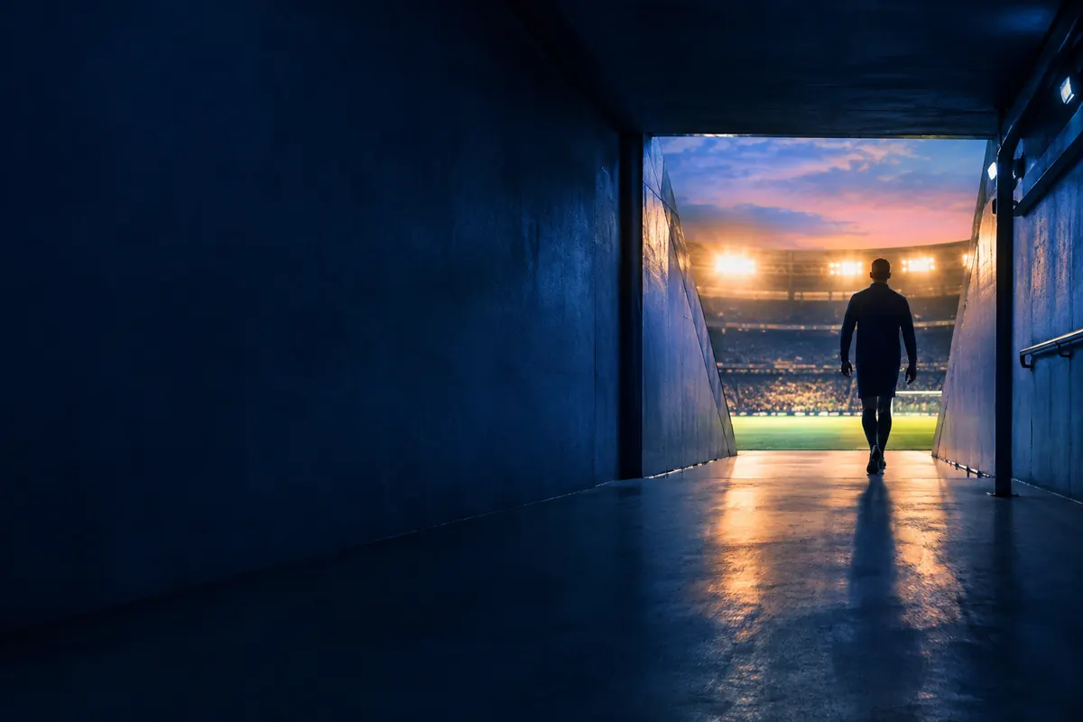 The players' tunnel of an arena seen from inside, a silhouette walking toward a lit pitch at the far end