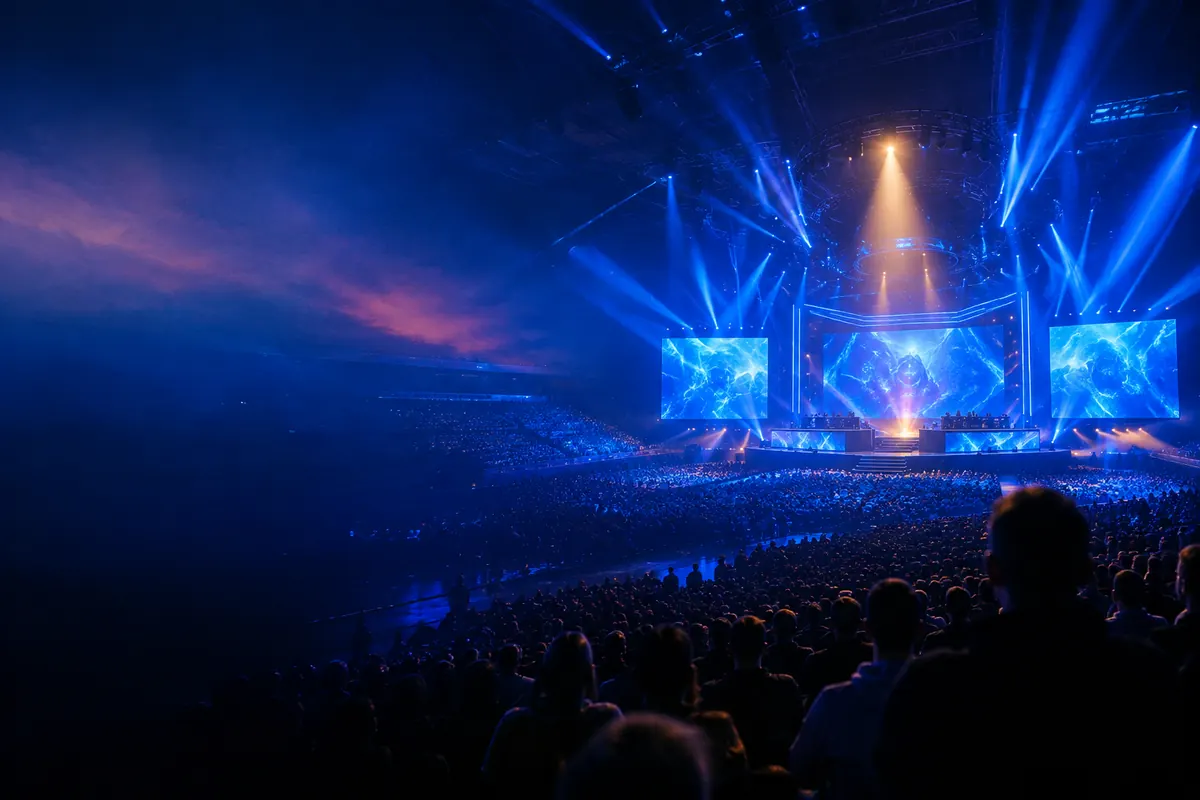 Esports arena seen from the back of the crowd, thousands of silhouettes facing a cobalt-blue stage lit by one amber spotlight