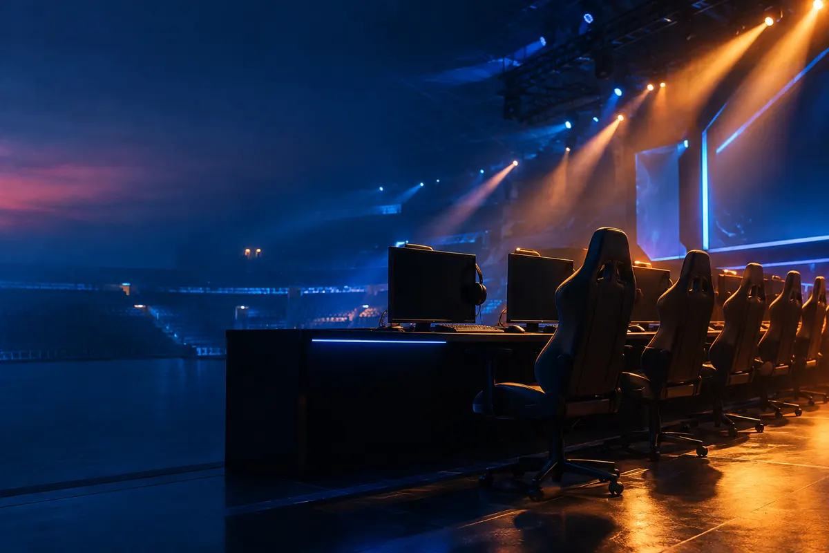 Empty gaming chairs and dark monitor screens in an esports arena before a match, lit by a warm amber spotlight and cool blue stage glow.
