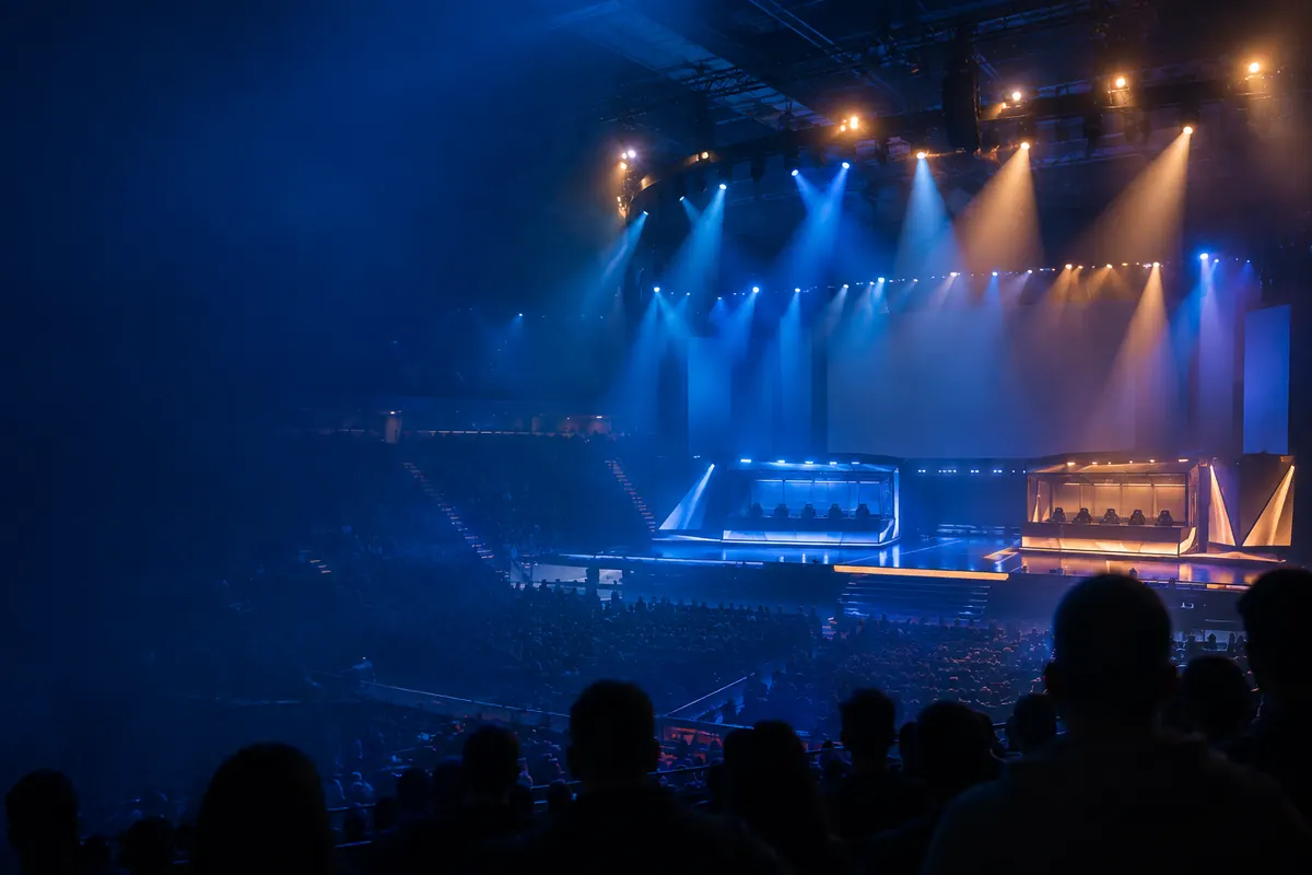 Tactical esports tournament arena seen from the crowd stands, spectators in silhouette, a giant screen with an abstract scoreboard.