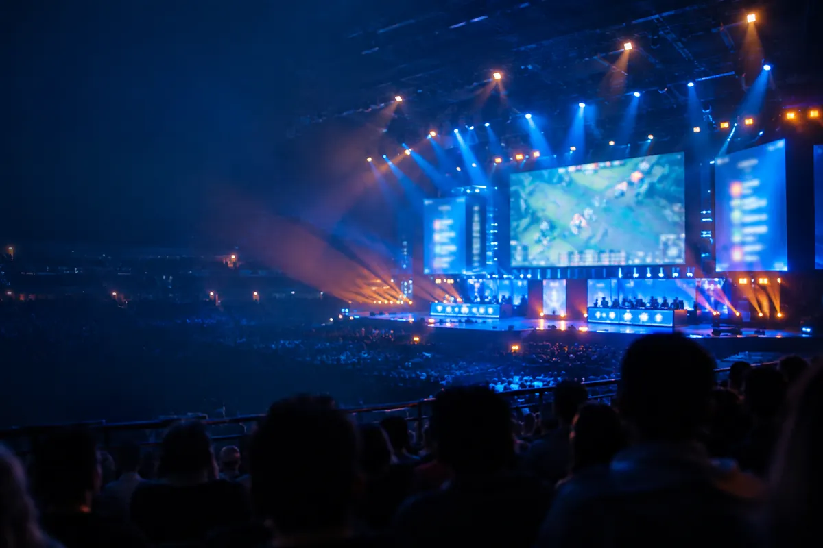 An esports tournament arena seen from the stands, a giant screen glowing with an abstract scoreboard, a blurred crowd in the foreground.
