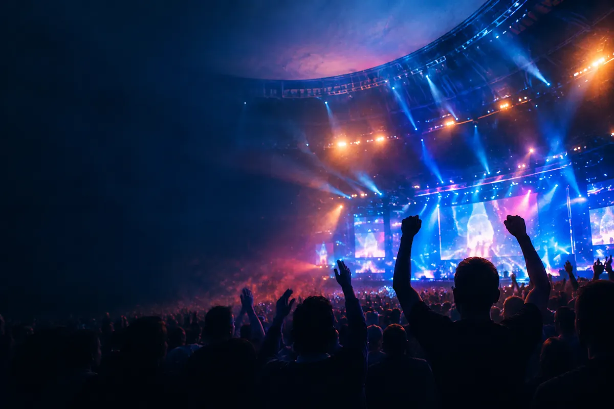 An esports arena crowd in the dark, arms raised in silhouette, lit by a dome of blue and rose stage light.