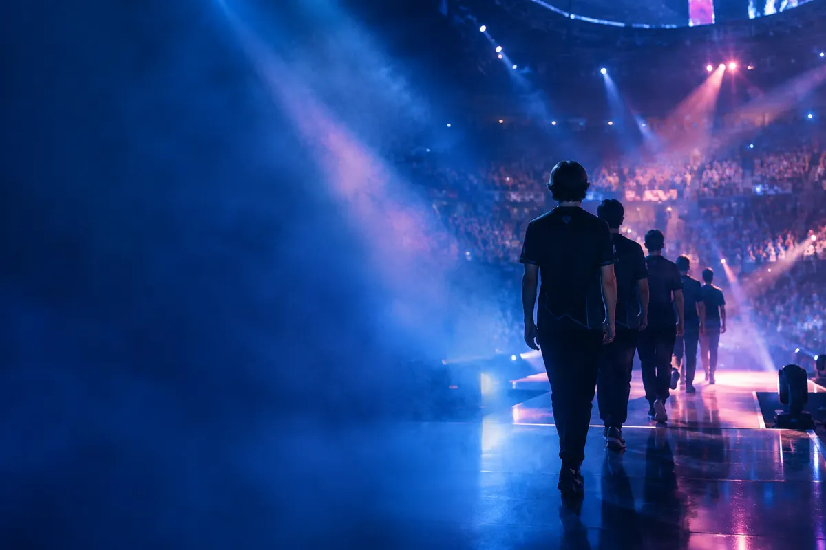 Esports players walk onto a stage through drifting haze, blue and rose light beams in the smoke, a roaring crowd in the dark beyond.