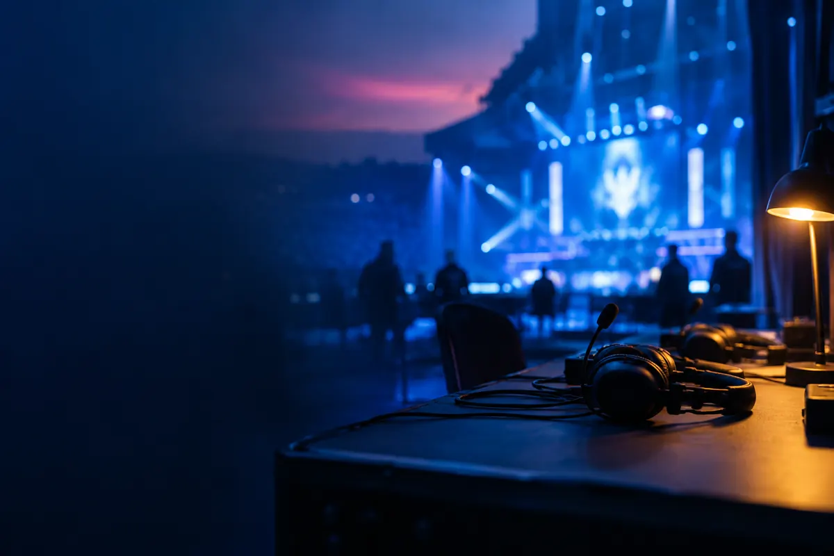 Wired gaming headsets and cables laid out on a backstage table under a warm lamp, an esports stage glowing blue and blurred behind.
