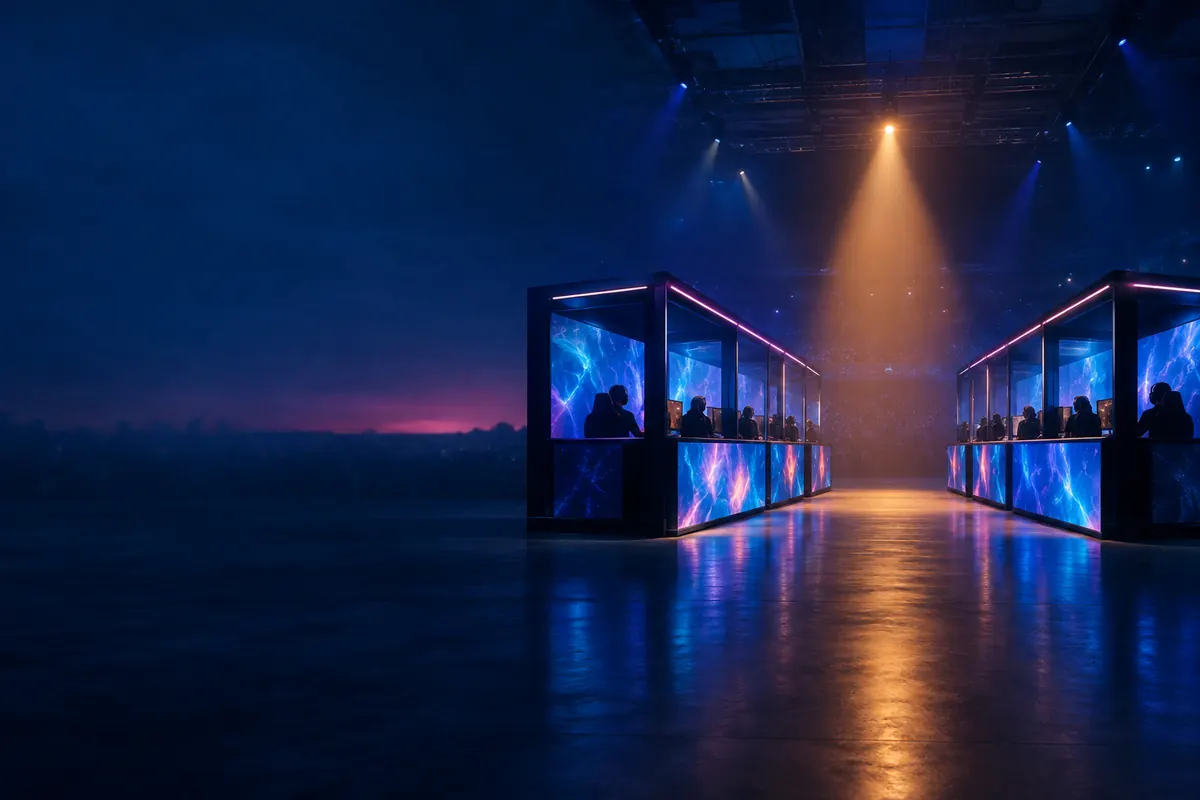 Two rows of esports player booths facing each other in a dim arena, screens glowing blue, a warm amber spotlight over the center aisle.