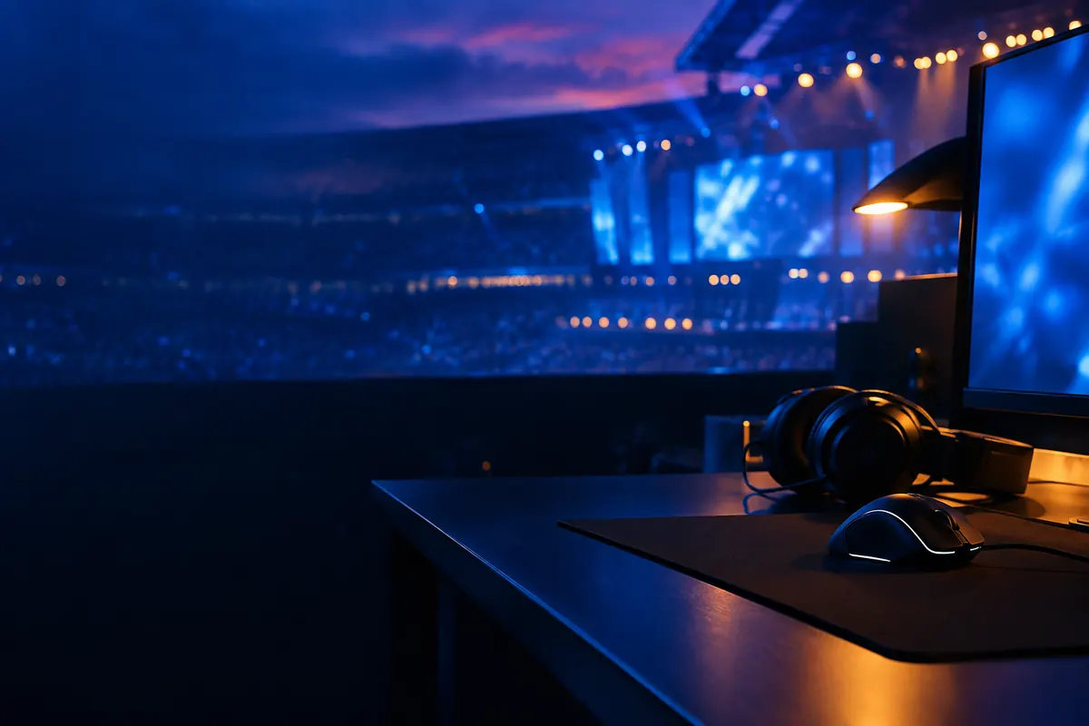 Gaming mouse and headset on an empty desk in a dark esports booth, monitor glowing soft blue, warm amber lamp light, arena blurred behind.