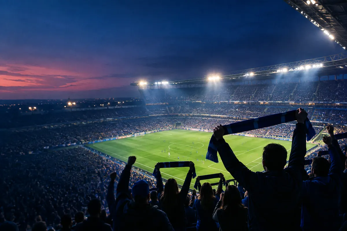 Supporters on their feet with raised arms and scarves in a floodlit stadium at night, seen from behind and above just after a goal