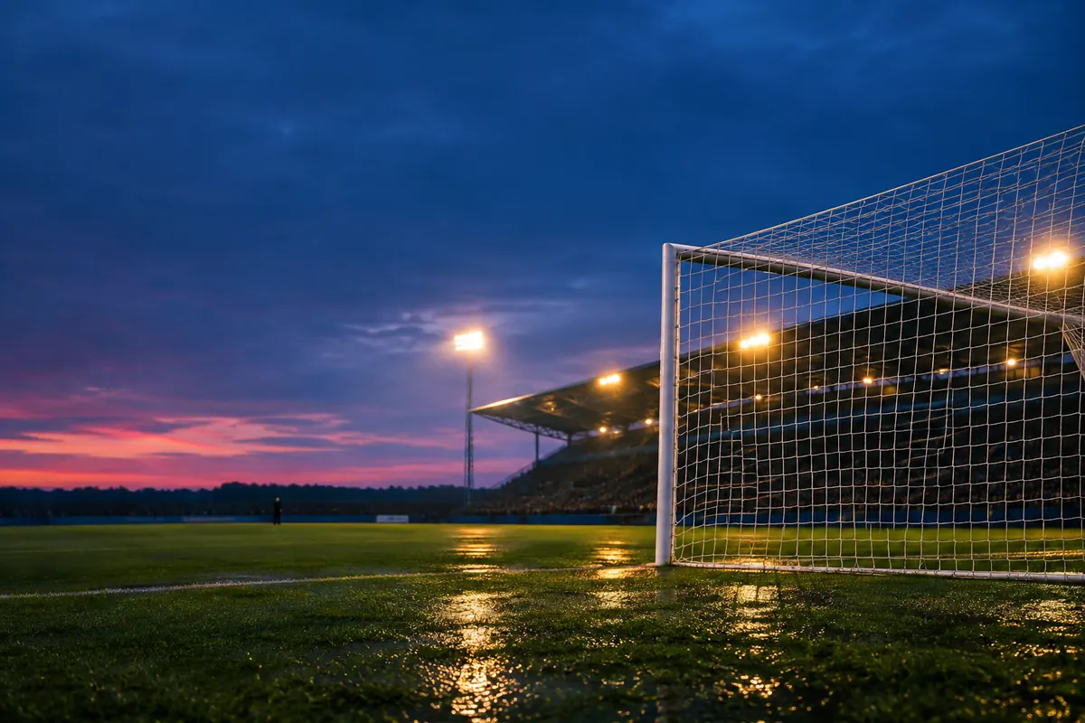 A goalpost and crossbar at low angle before a night match, the net catching the first floodlights over a damp pitch