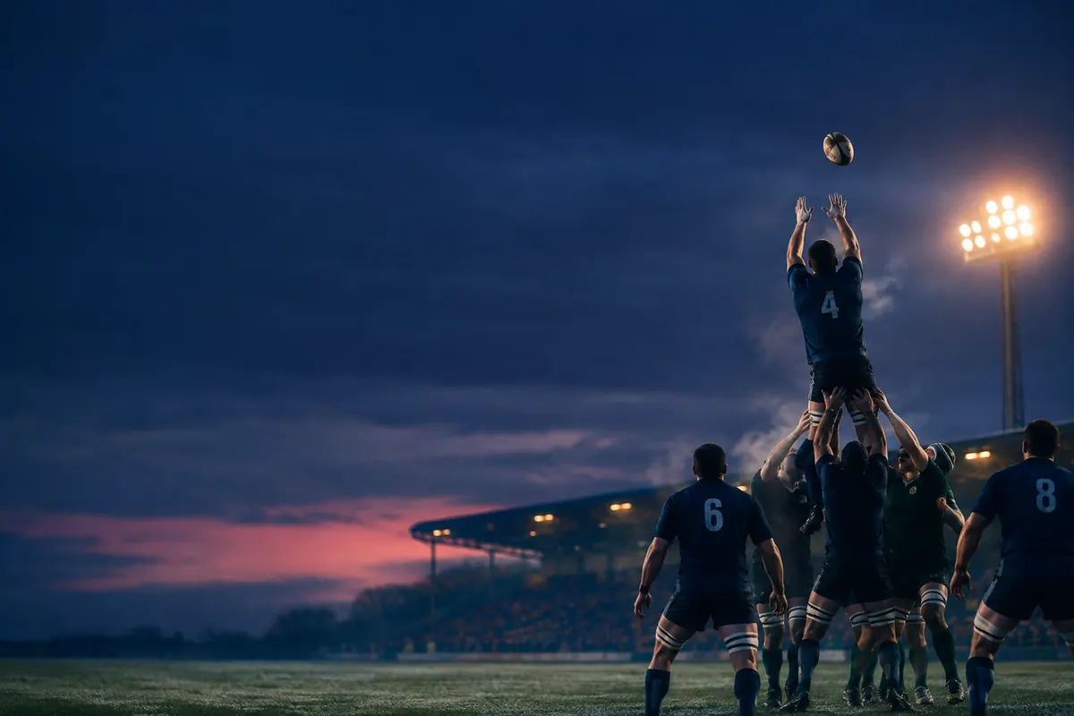 A rugby lineout at night under floodlights, players seen from behind lifting a teammate toward the ball