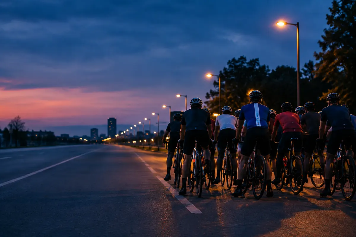 Adult road cyclists in a tight pack seen from behind, waiting on a wide empty city road at blue hour under warm streetlamps