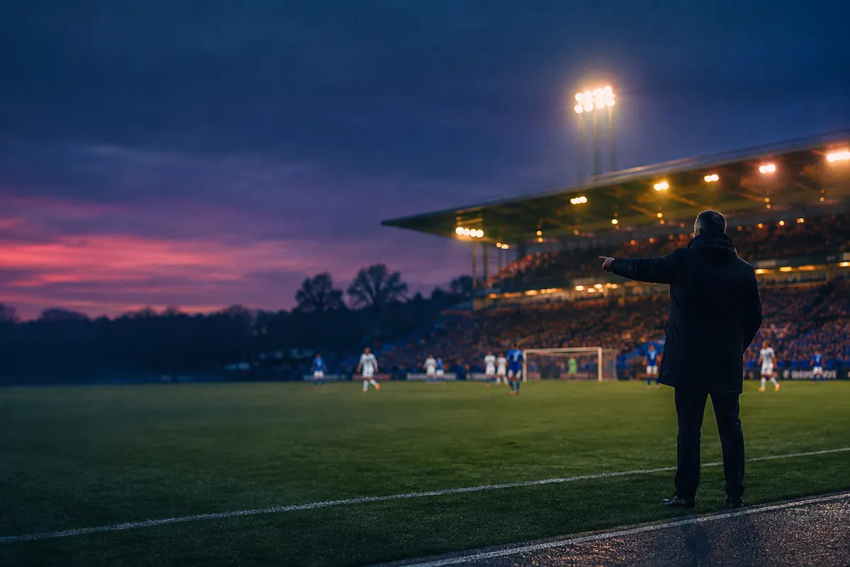 A touchline coach seen from behind, arm pointing toward a floodlit pitch at night, players small and blurred in the distance.
