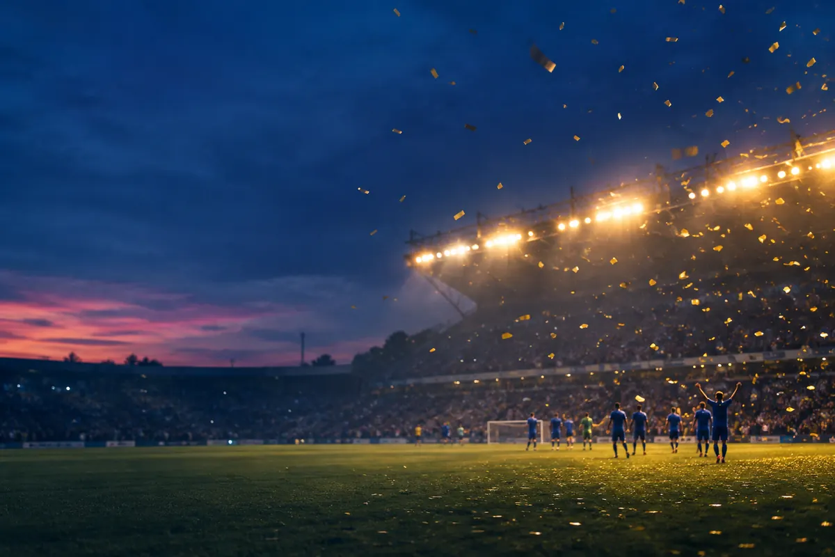 Amber confetti drifting through floodlight beams over a pitch after a final whistle, players in distant silhouette against a blurred crowd.