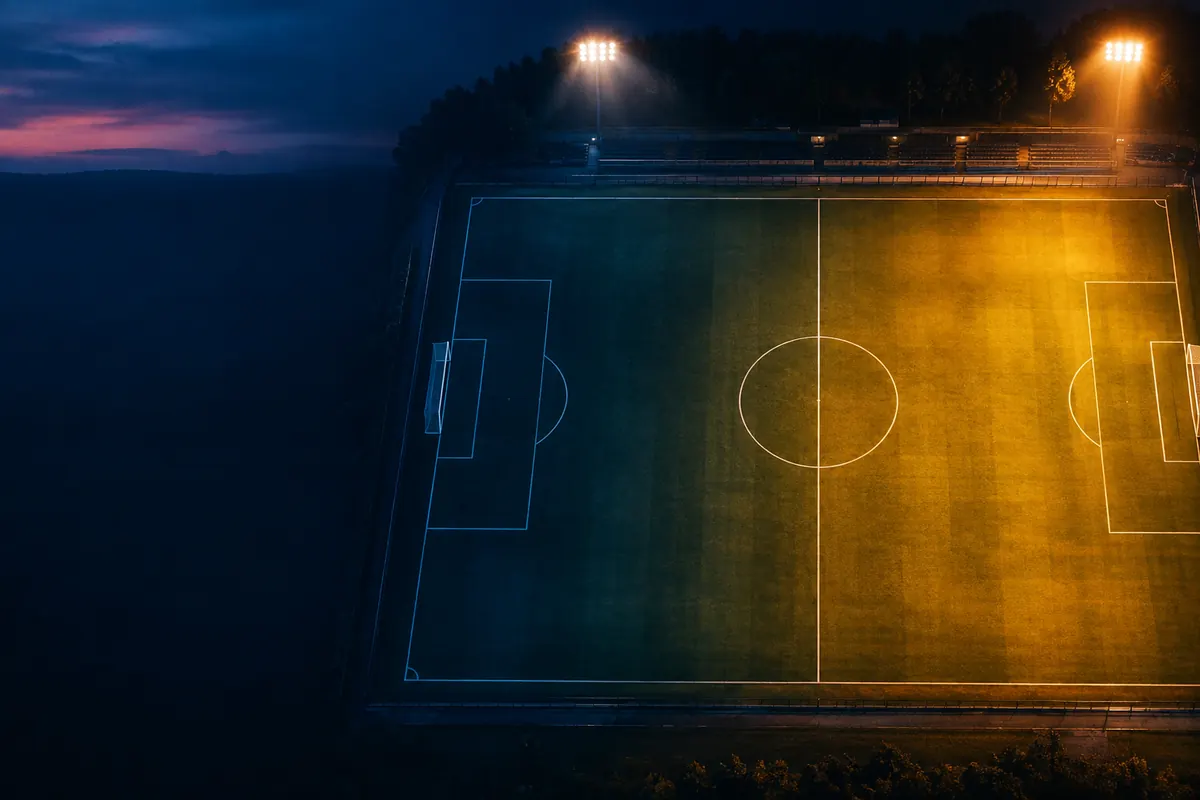 Aerial view of a football pitch split by the halfway line, one half in blue shadow, the other under amber floodlight