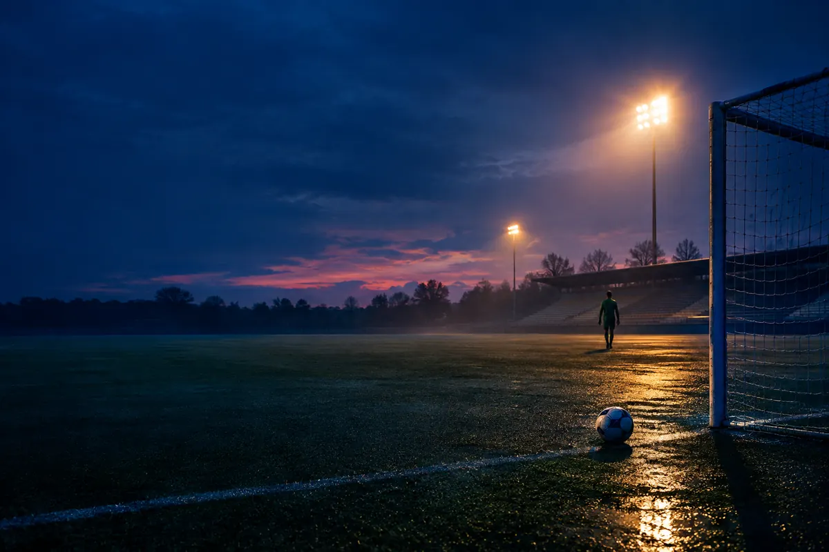 An empty goalmouth at night, a football resting near the goal line, and a goalkeeper reduced to a distant silhouette walking away.
