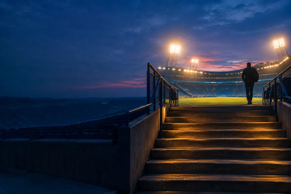 Concrete stadium steps rising through a wide aisle toward a floodlit pitch, the lowest steps lit amber, the empty stands in cool blue