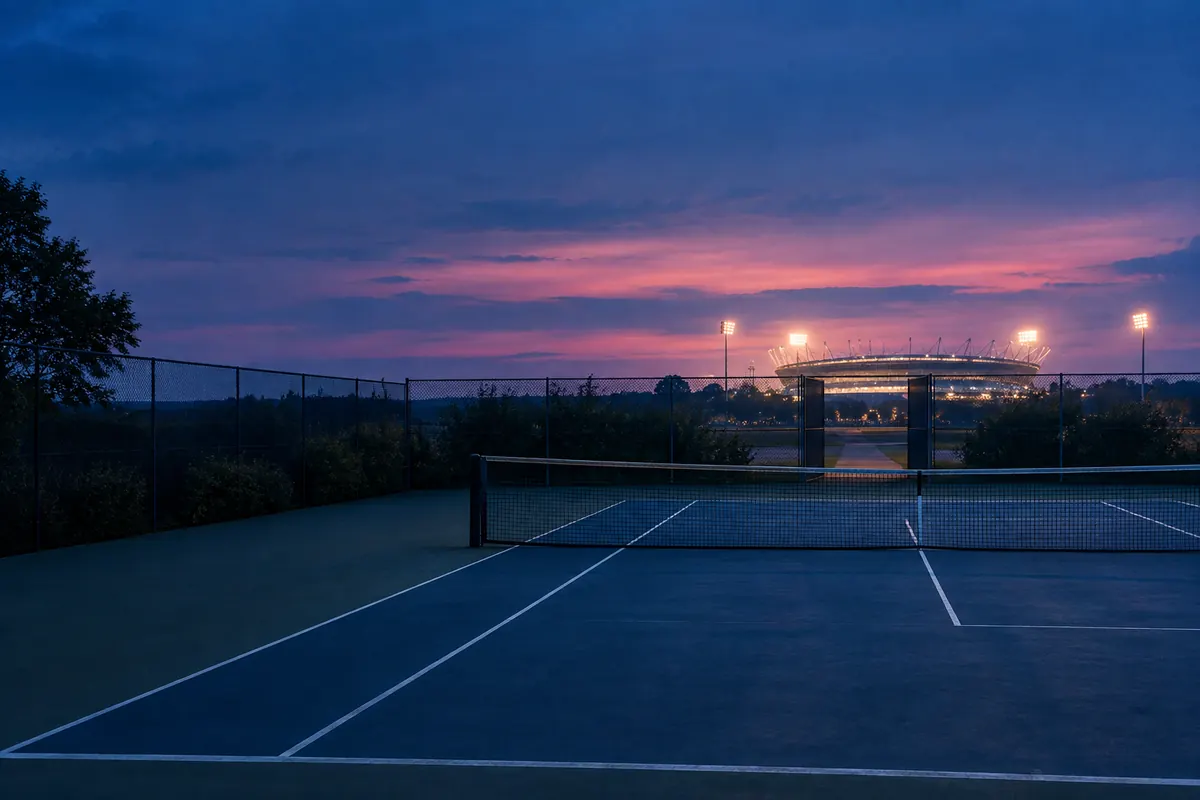 A quiet tennis court at blue hour, net and white lines leading to an open gate in the far fence and a floodlit stadium beyond