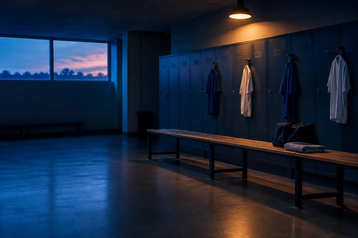 A quiet changing room before a match: a wooden bench, closed lockers and plain jerseys on pegs under one warm lamp