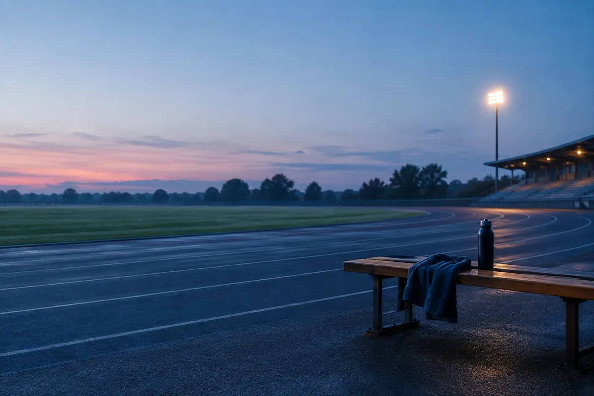 A lone wooden bench beside an empty running track at dawn, a folded towel and a water bottle on it under pale blue light