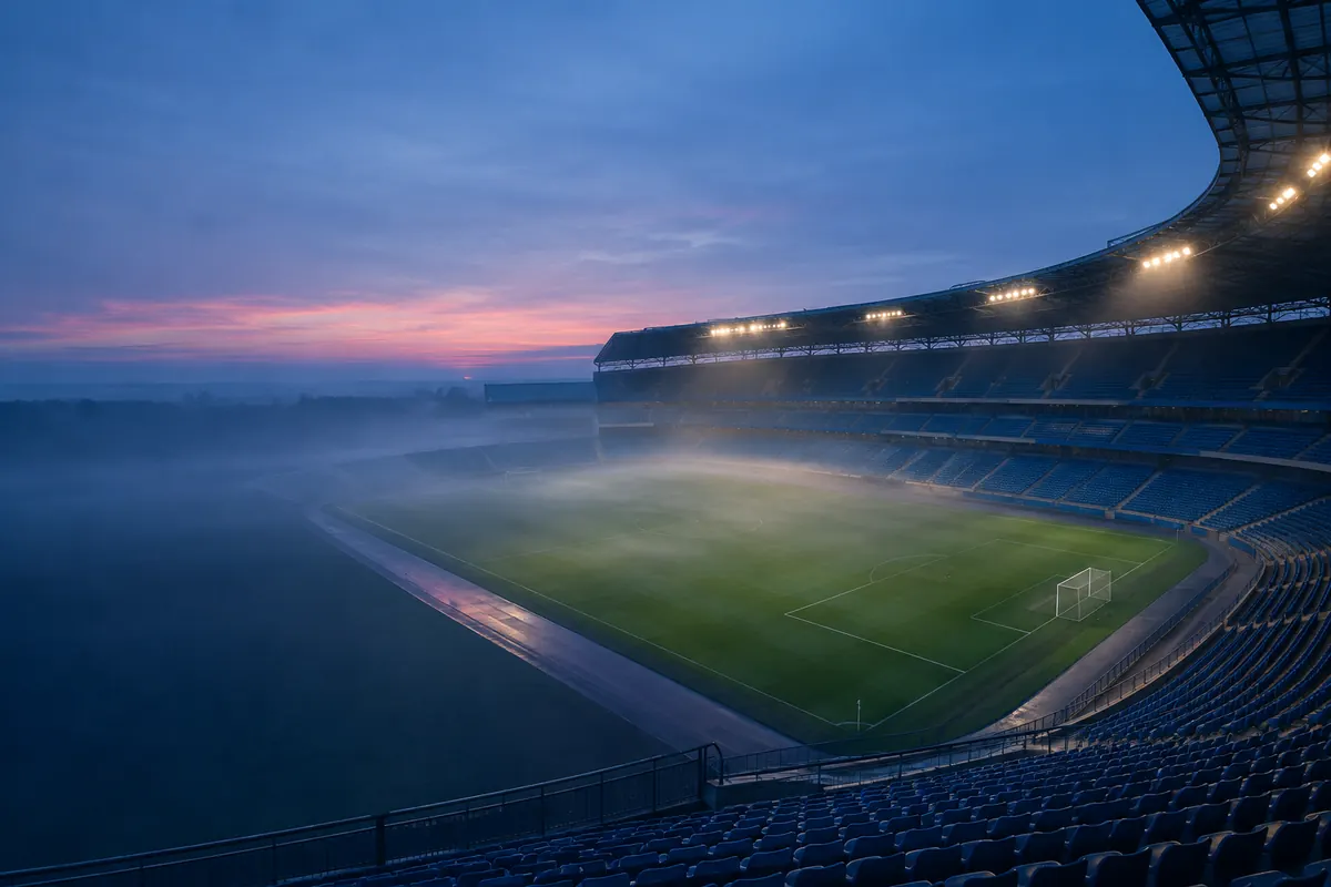 An empty football stadium at dawn, curved stands above a misty pitch under pale blue light