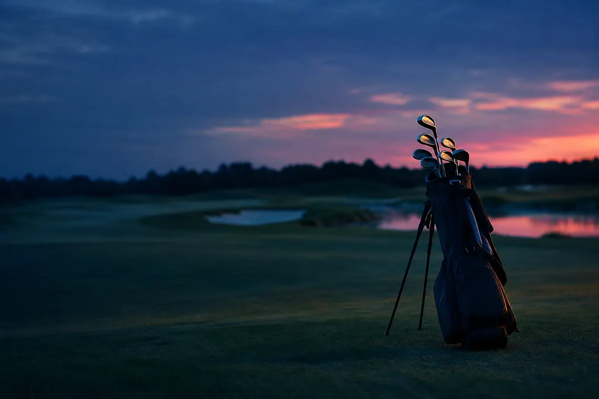 A golf bag with iron clubs standing alone on a fairway at dusk, club heads catching warm amber light against a deep blue background