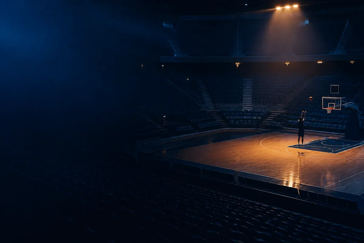 A tiny basketball player in silhouette shoots at one hoop in a nearly empty arena, seen from the stands under a single warm light