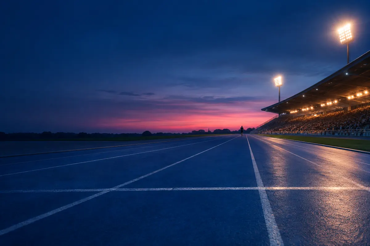 A white finish line across empty athletics lanes at blue hour, one tiny runner in silhouette far down the track, lit stands glowing behind