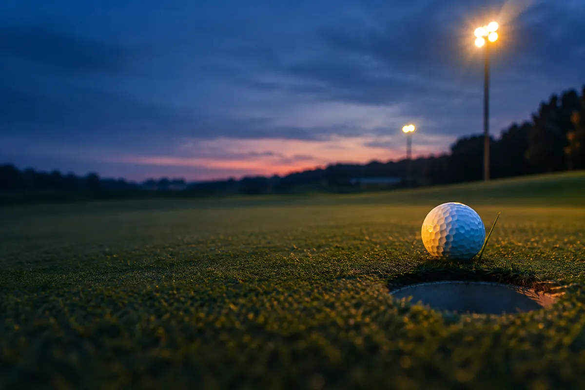 A golf ball resting on the very lip of the hole on a floodlit green at dusk, one blade of grass leaning over it in warm amber light