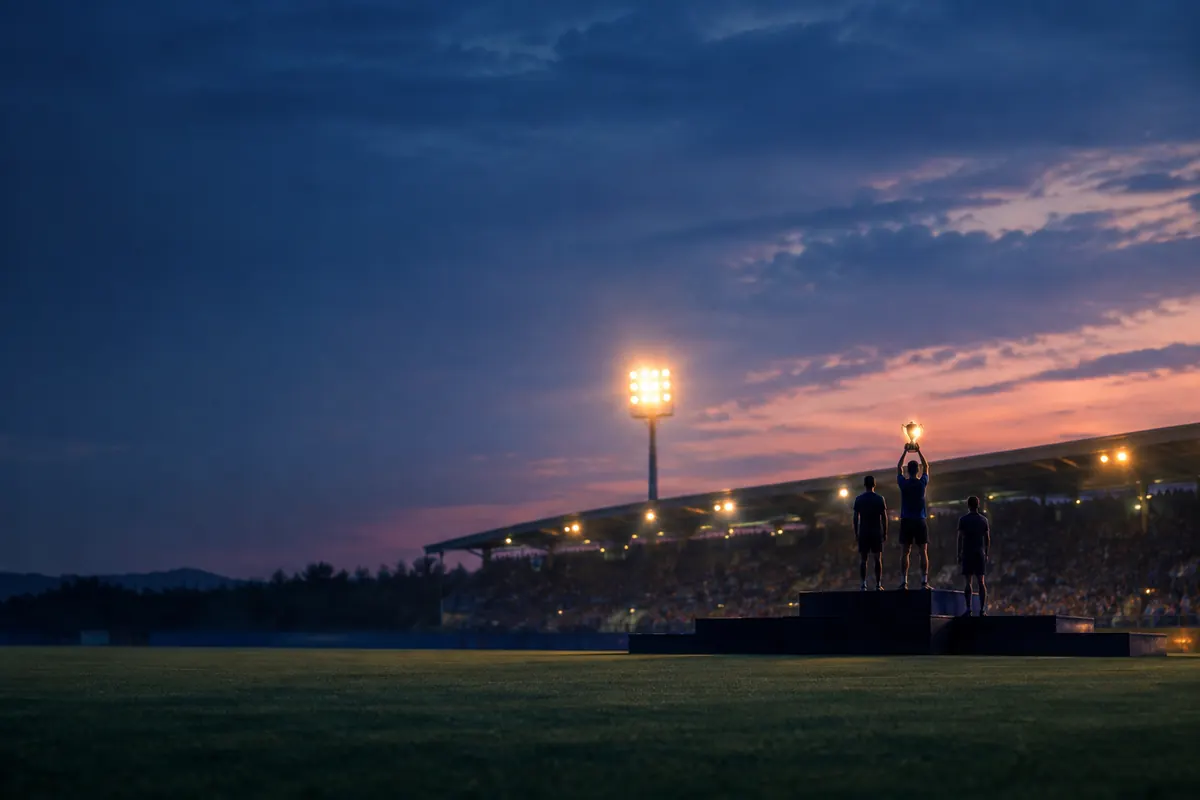 A trophy handover on a podium seen from far across a floodlit stadium at blue hour, small figures on the platform under a soft rose sky.