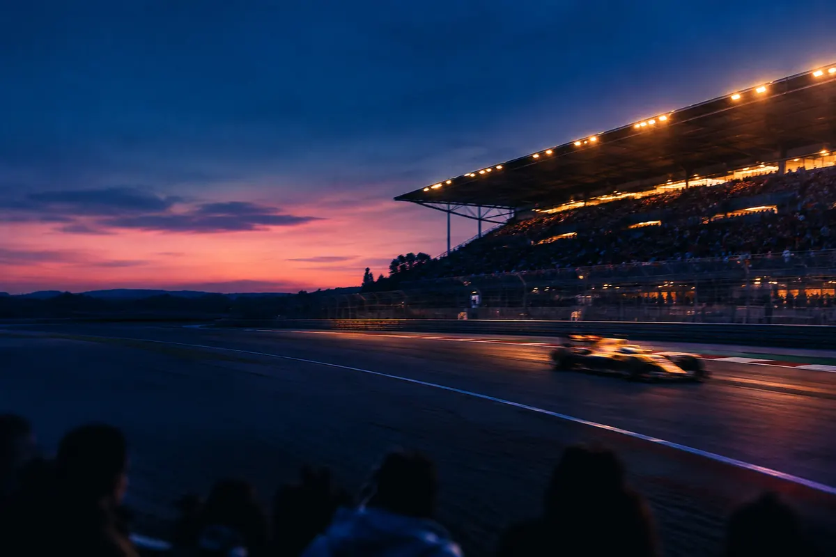 A Formula One car blurred by motion passing a lit grandstand at dusk, the track fading into darkness