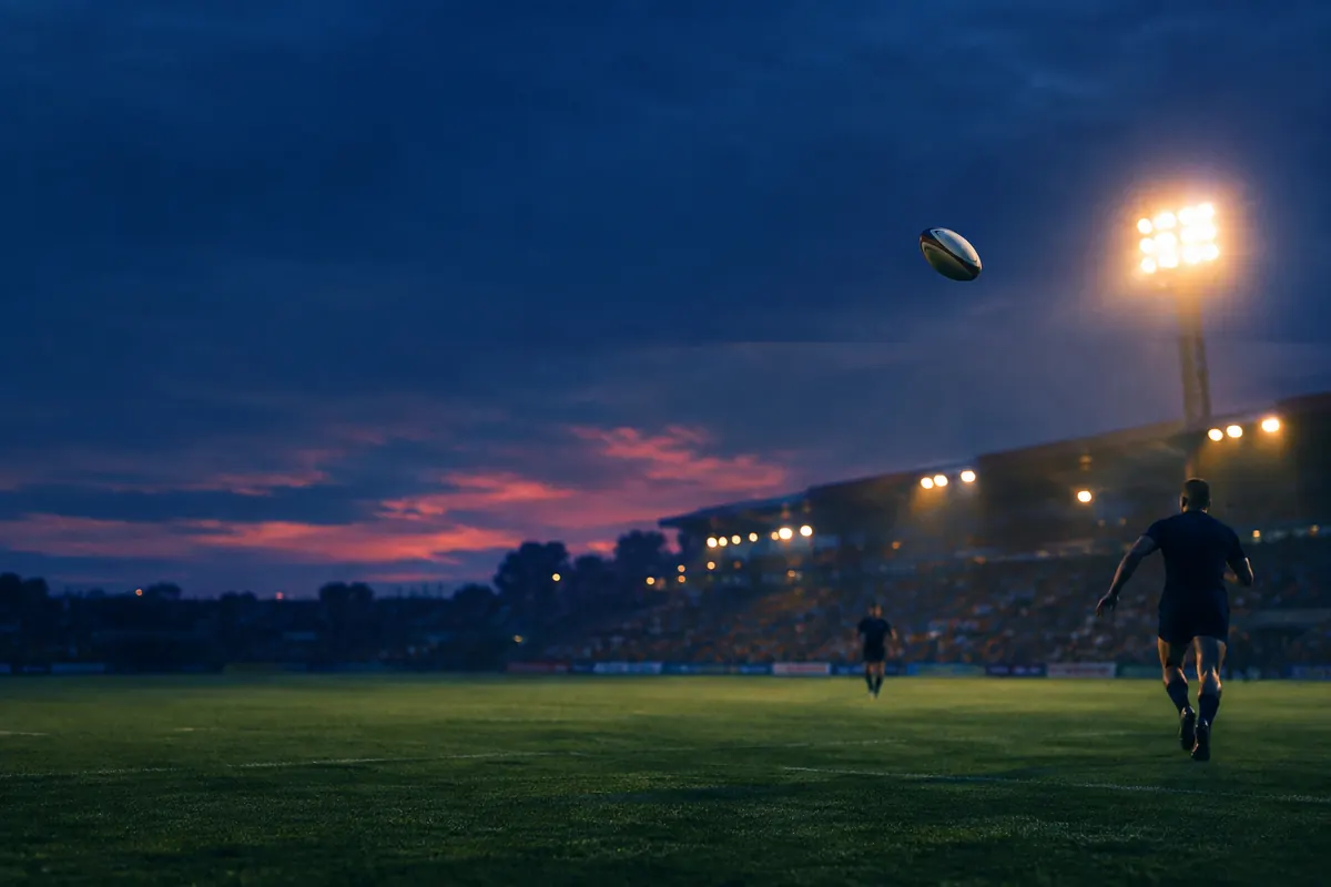 A rugby ball spinning through the night air under floodlights during a long pass, a teammate a small silhouette far down the pitch.