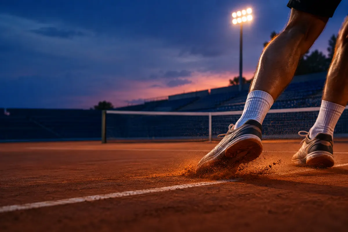 A tennis player's shoes sliding across the baseline of a clay court, amber dust lifting into the evening light.