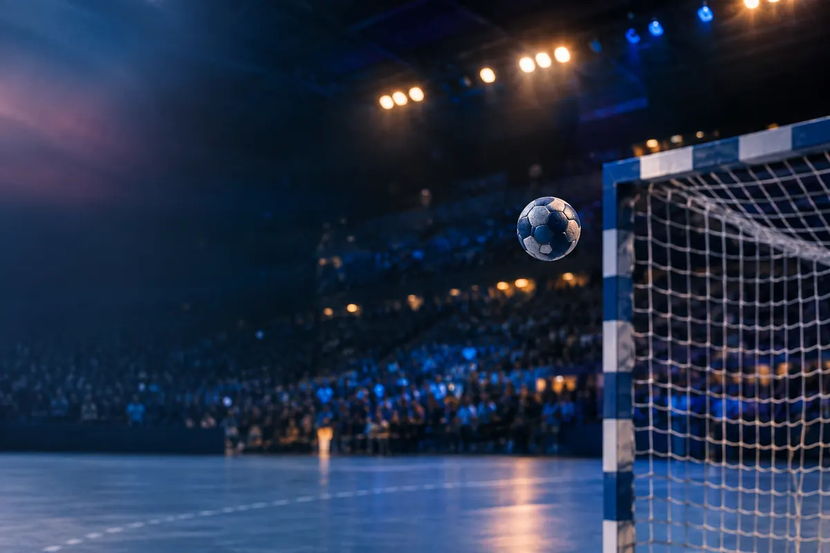 A handball in flight toward the goal net in a lit indoor arena, the net blurred and the crowd a soft glow of blue and amber behind it.